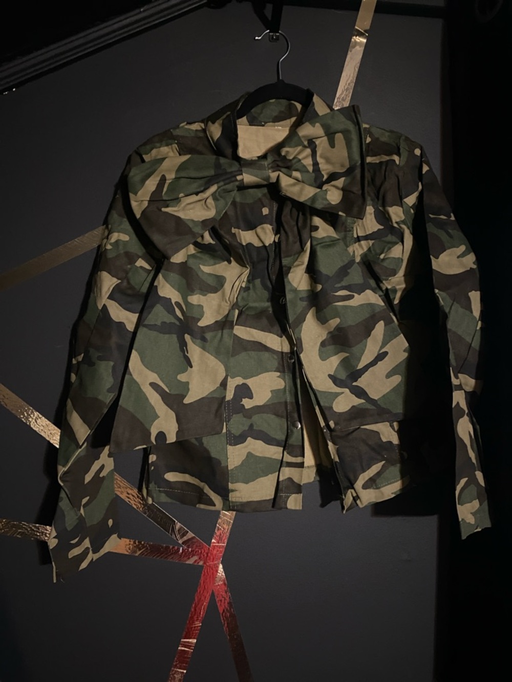 Camo Bow-Front Shirt in Green and Tan